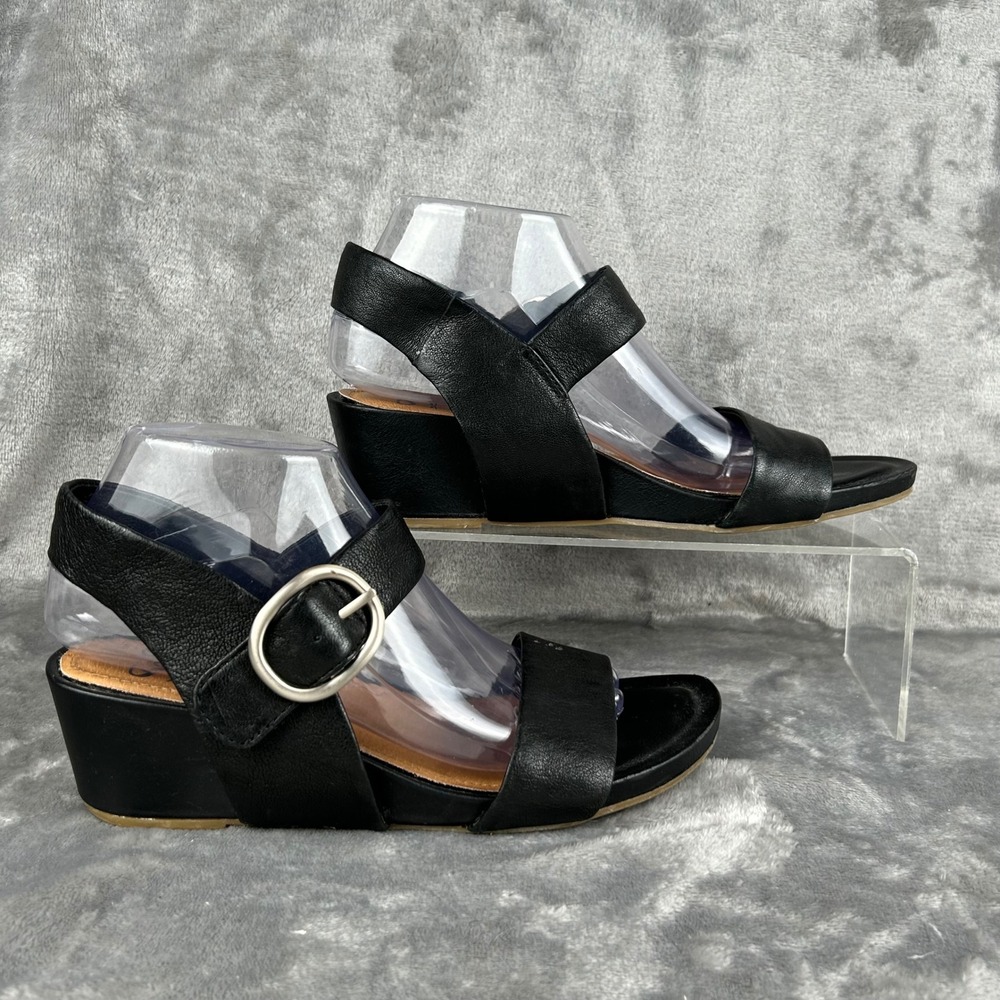 Sofft Black Leather Wedge Sandals Buckle Hook Loop Strappy Women 8.5M SF0060611
